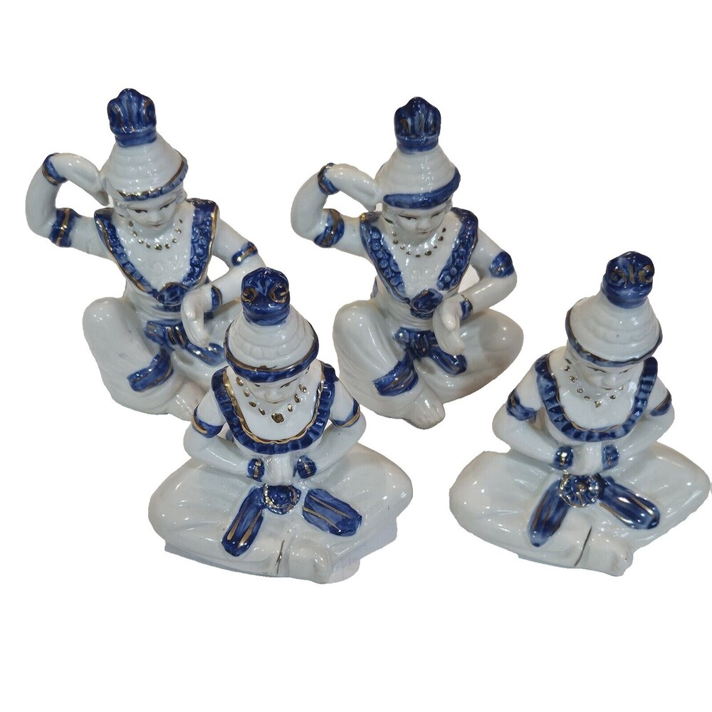 Porcelain Small Figurine set of 4 White Blue Gold Statues Vintage